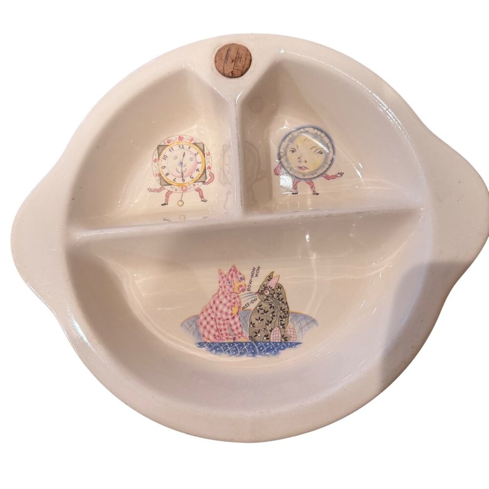 Vintage Excello Divided Childs Ceramic Dish Heavy Warming Nursery Rhyme Baby Cat